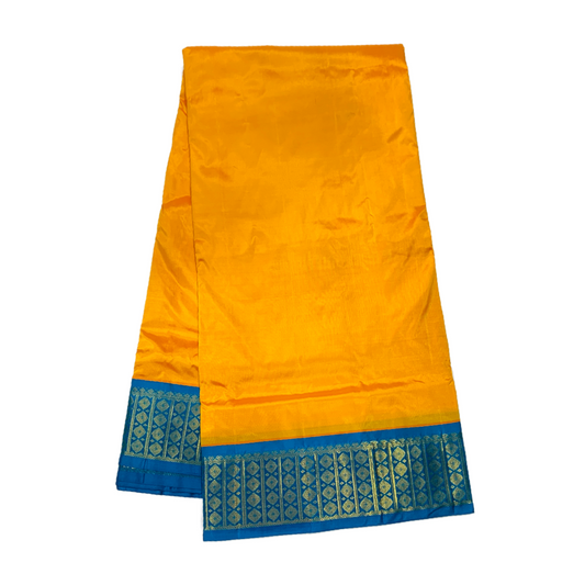 9 yards Pure Kanchipuram Silk Saree Yellow Colour with Golden and Blue Border