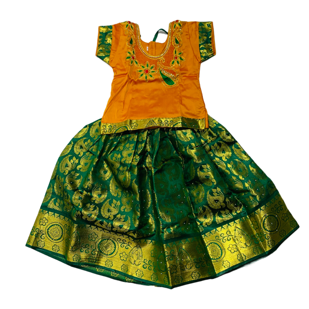 Ready To Wear Green Pavadai with contrast Mango Yellow Blouse - 2 Year Baby