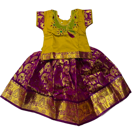 Ready To Wear Magenta Pavadai with contrast Yellow Green Blouse-1 Year Baby