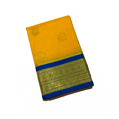 Yellow shade saree with Golden and Blue Border