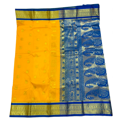 Yellow shade saree with Golden and Blue Border