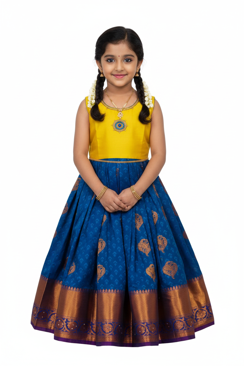 One Piece Ethnic Lehanga- Yellow & Sky Blue-2 Year Baby