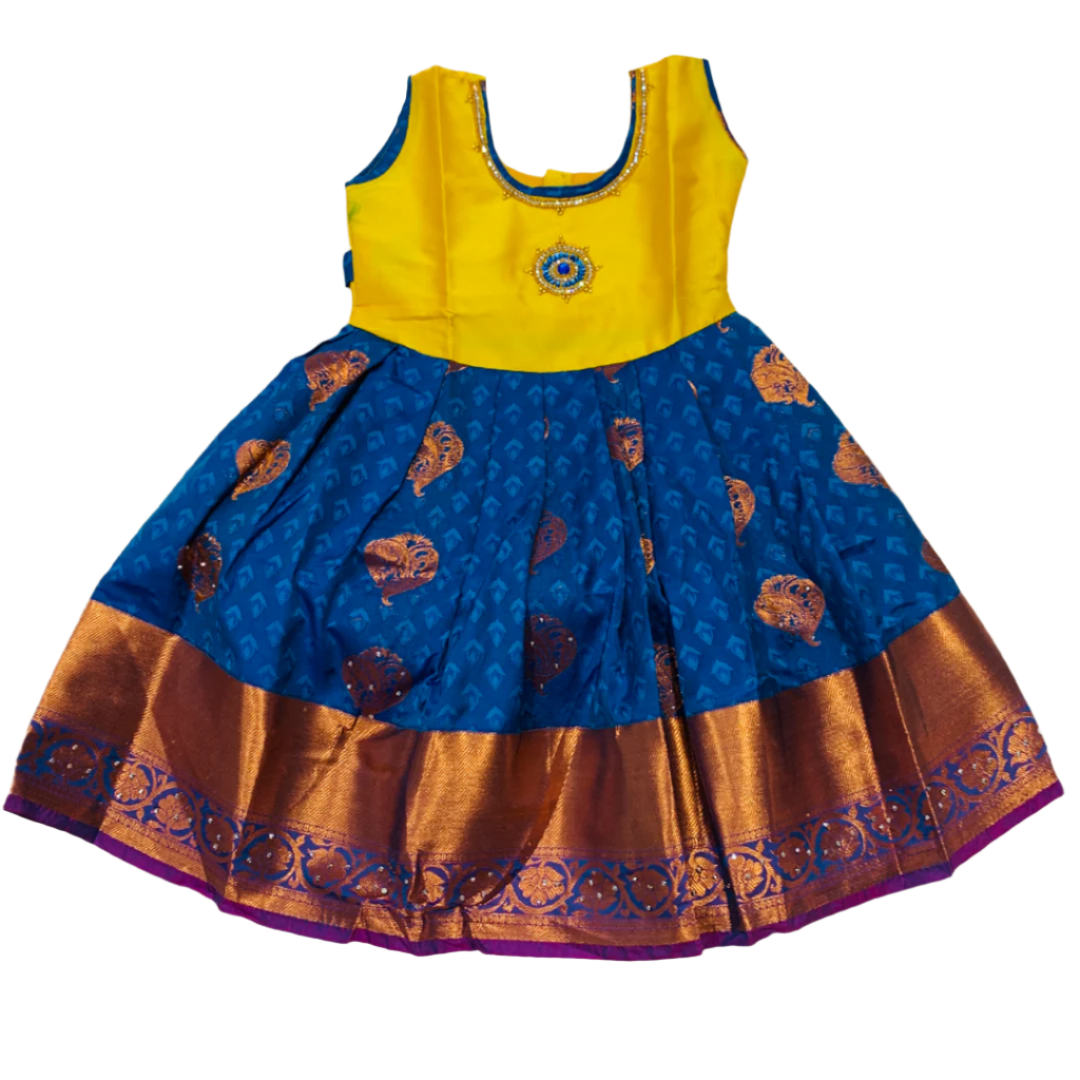 One Piece Ethnic Lehanga- Yellow & Sky Blue-4 Year Baby