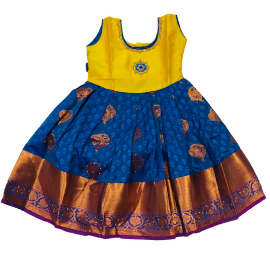 One Piece Ethnic Lehanga- Yellow & Sky Blue-3 Year Baby