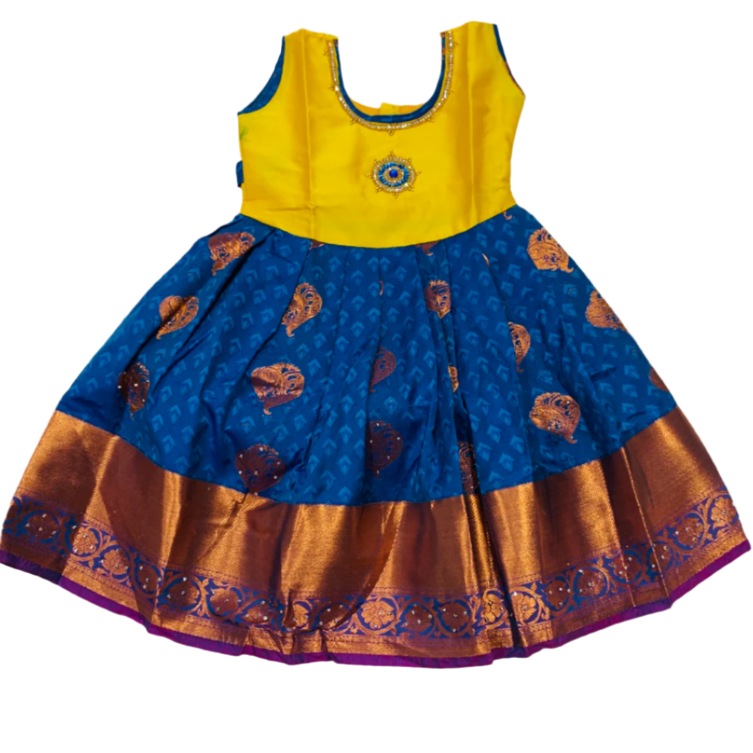 One Piece Ethnic Lehanga- Yellow & Sky Blue-5 Year Baby