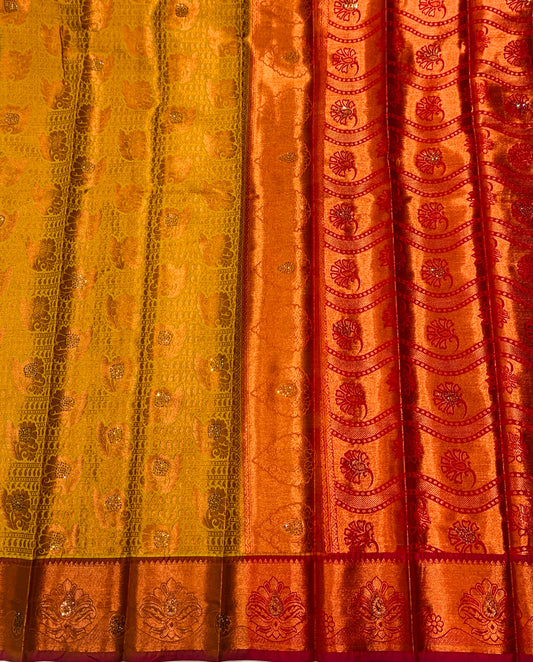 Bridal Vegan Silk Saree Yellow Colour with Copper Border