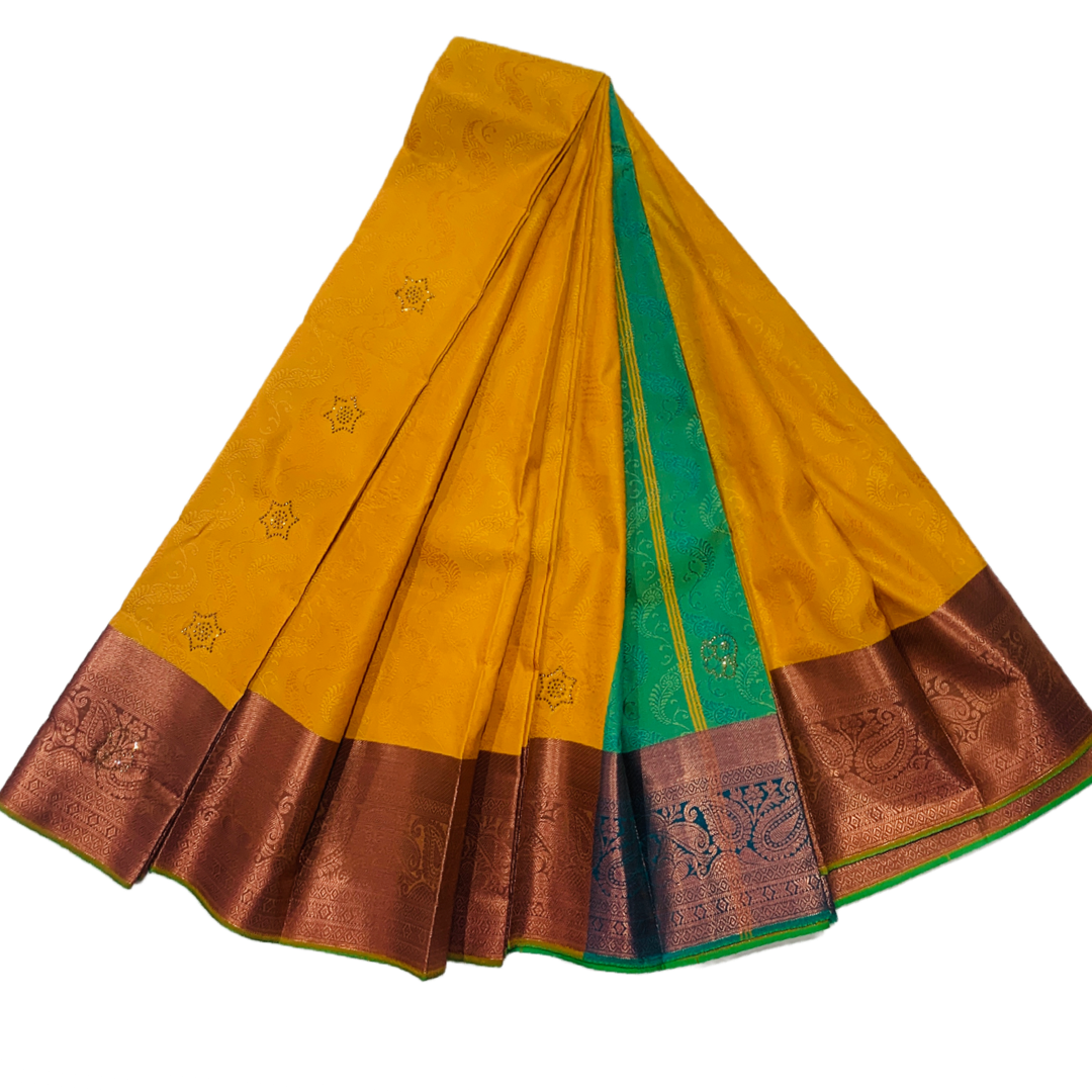 Yellow shade Soft kanchi pattu with Copper zari Border