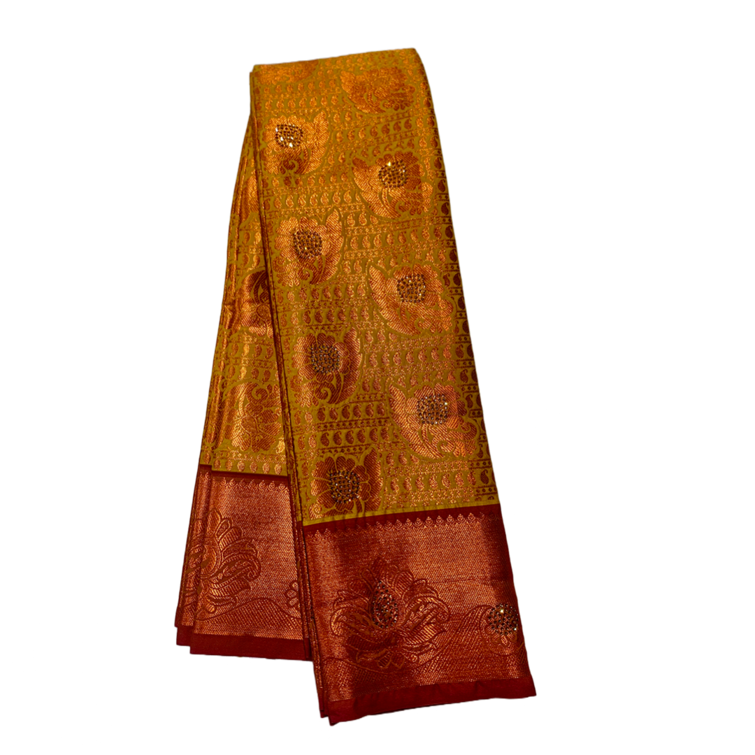 Bridal Vegan Silk Saree Yellow Colour with Copper Border