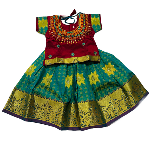 Ready To Wear  Maroon Pavadai with contrast Green Blouse-1 Year Baby